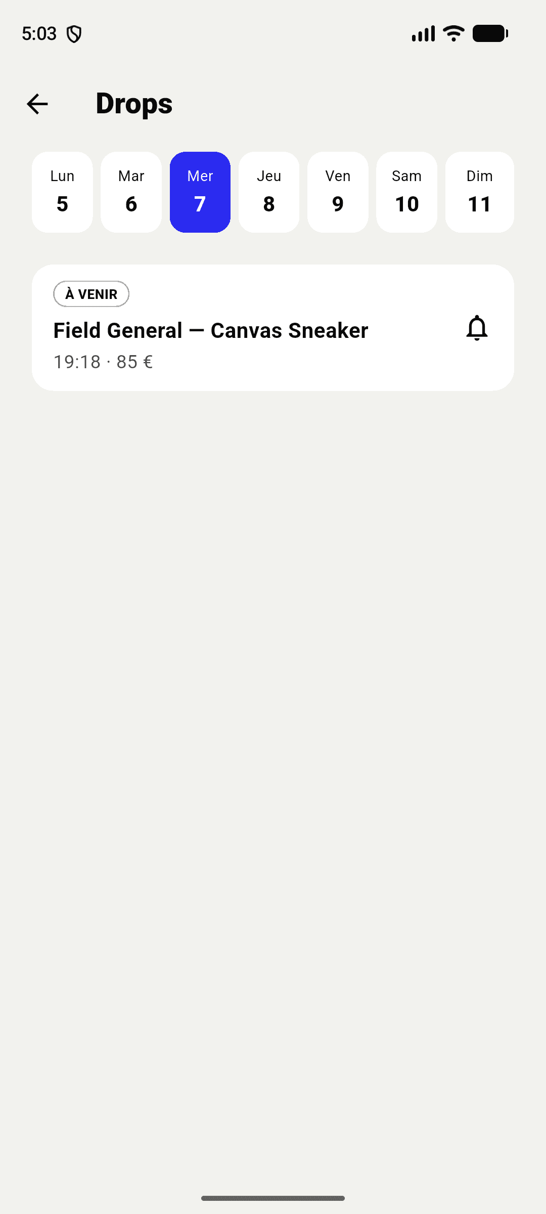 Écran Drops de l’app GRAIL : calendrier de la semaine et un drop à venir avec sa cloche de rappel.