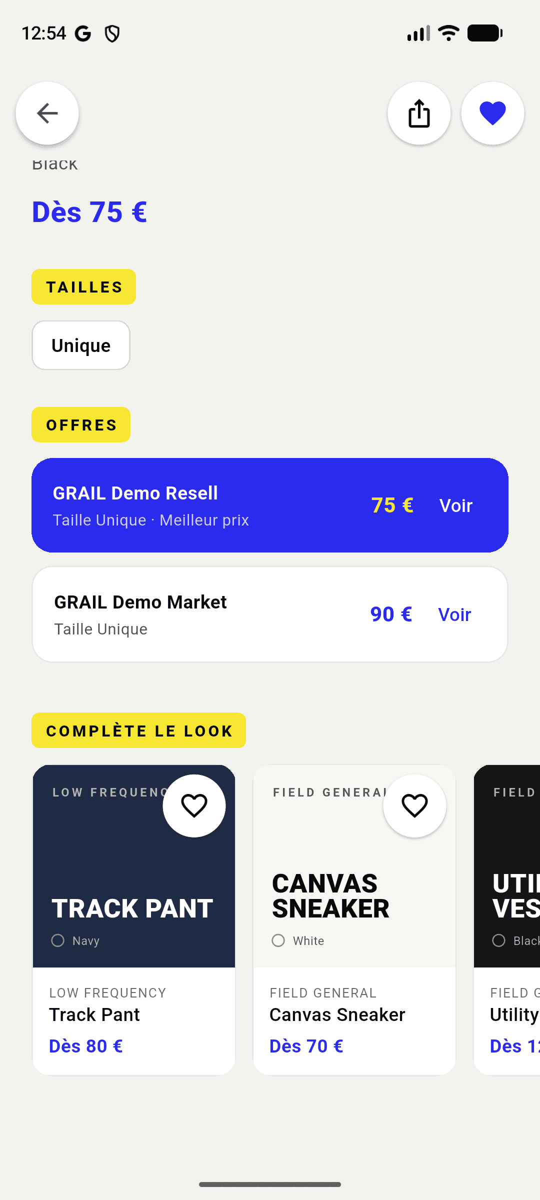 Fiche produit de l’app GRAIL : deux offres comparées, la moins chère en premier.